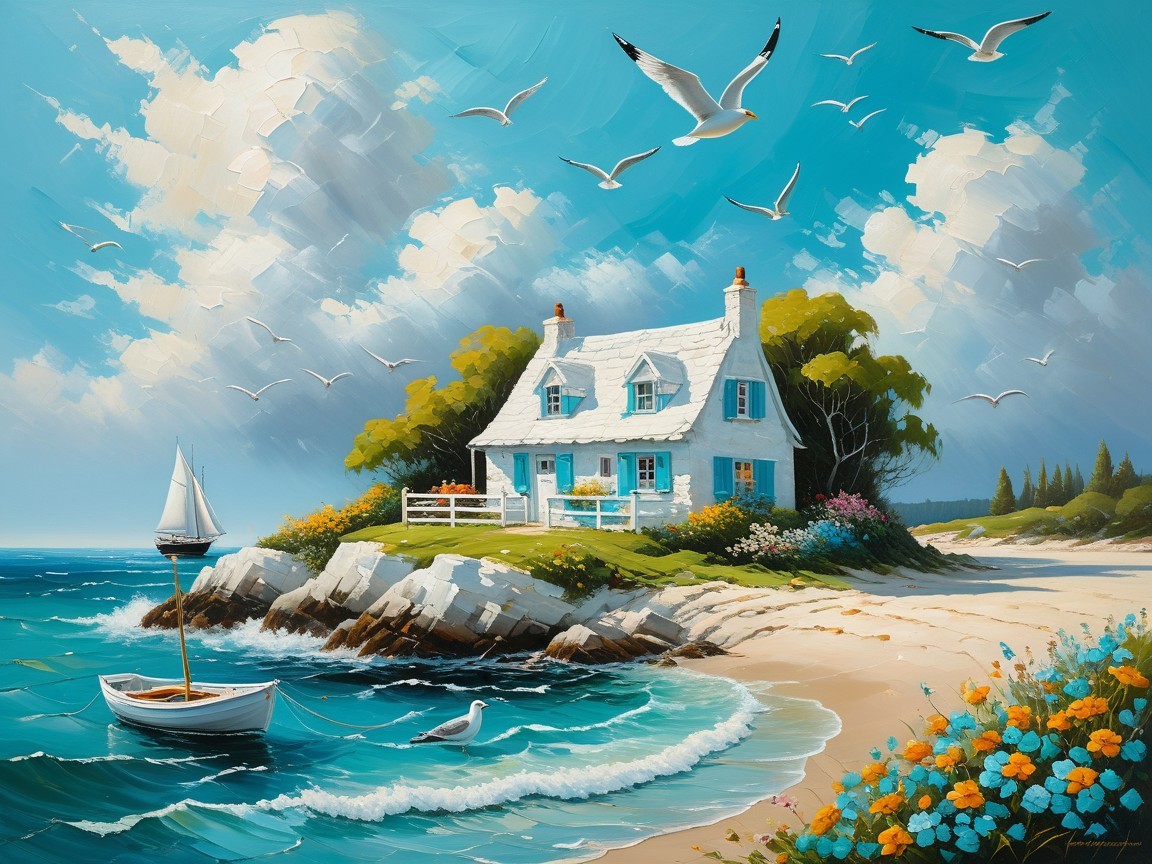 Coastal Scene with Cottage and Vibrant Nature