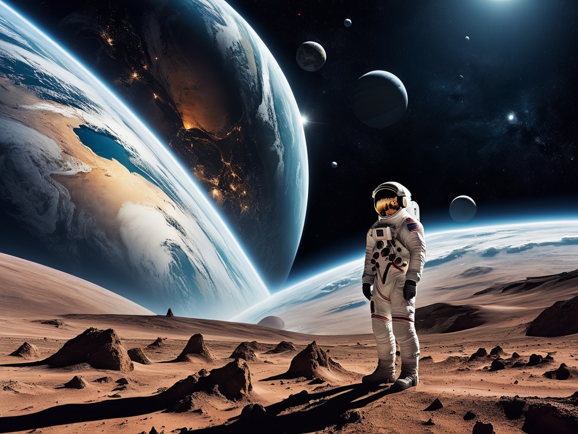 Astronaut on Alien Landscape with Cosmic Vista