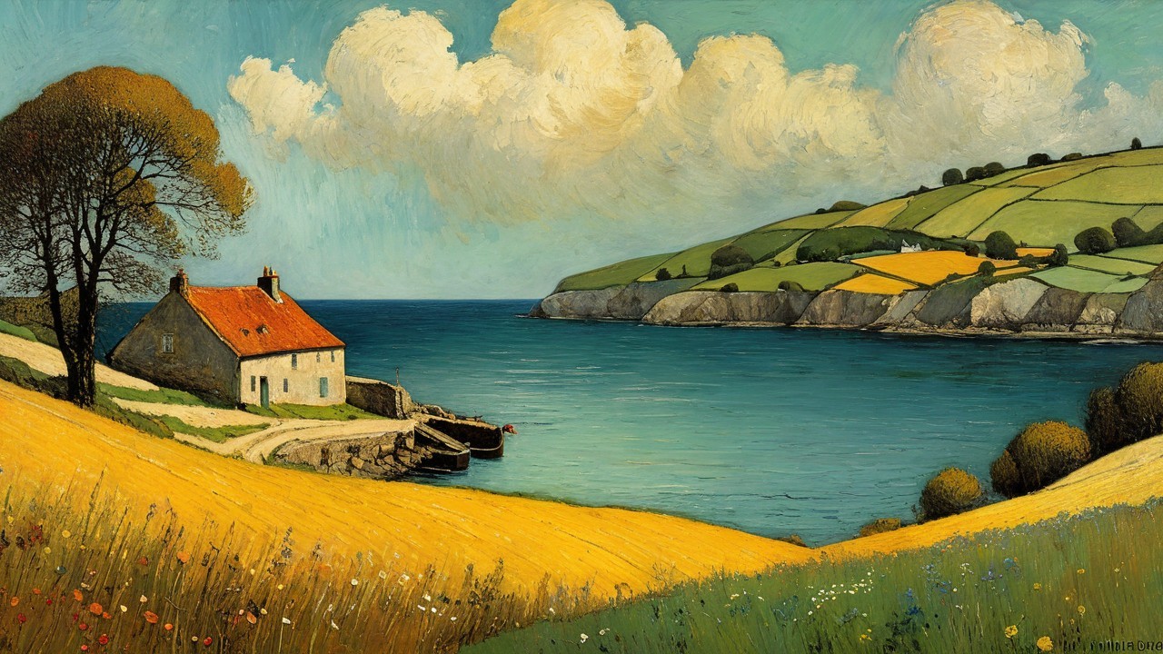 Coastal Landscape with Cottage and Bay View