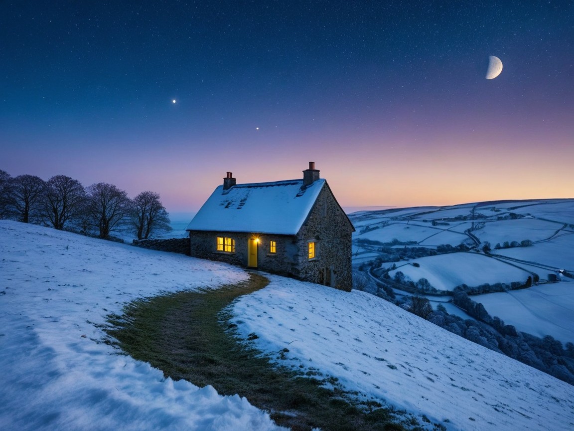 Snowy Cottage Landscape Under Twilight Sky