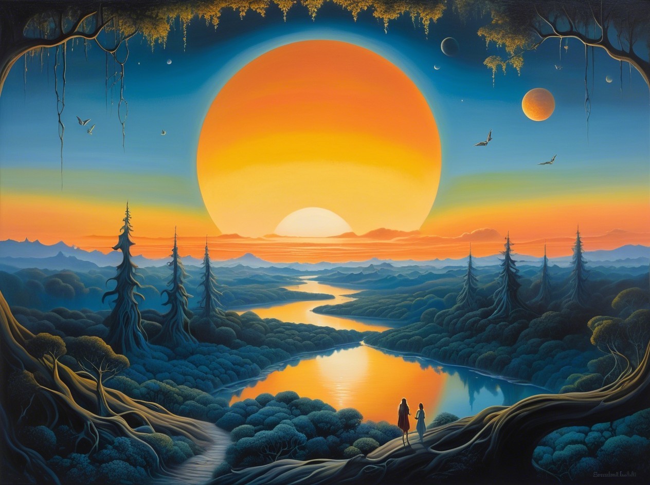 Fantasy Landscape with Giant Orange Sun and River