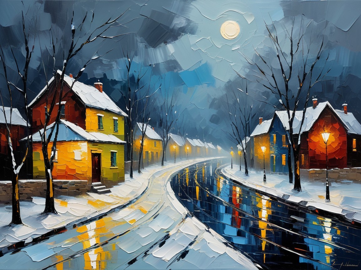 Serene Winter Night Landscape with Snowy Houses