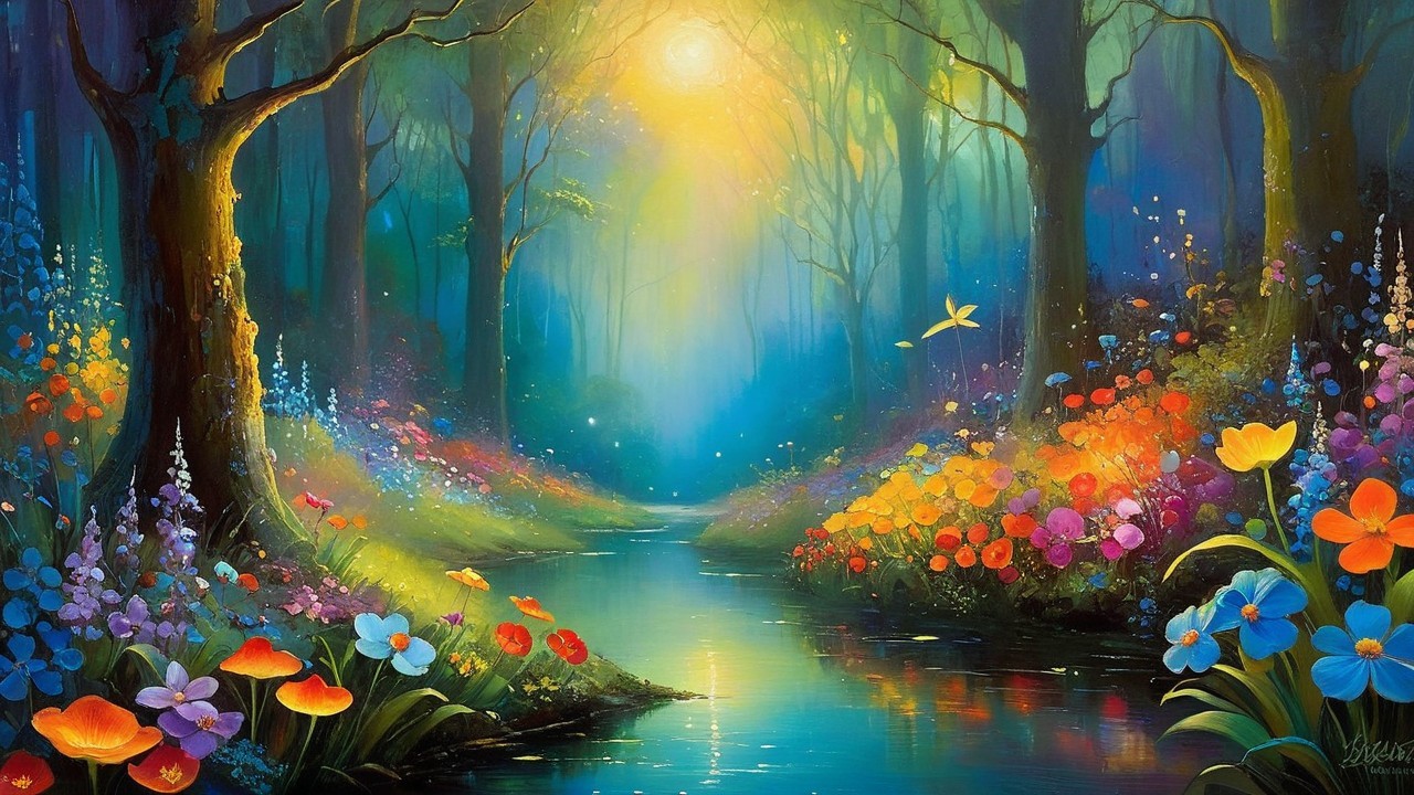 Vibrant forest scene with golden sunlight and flowers