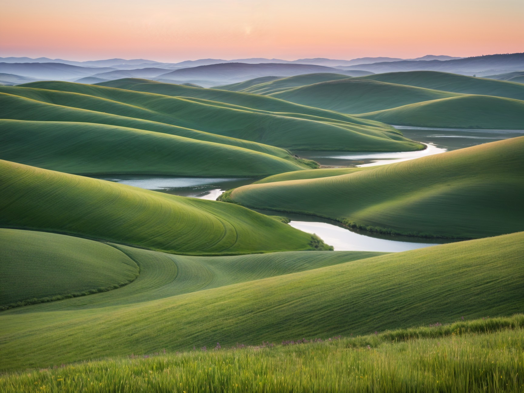 Serene Landscape of Rolling Hills and Winding River