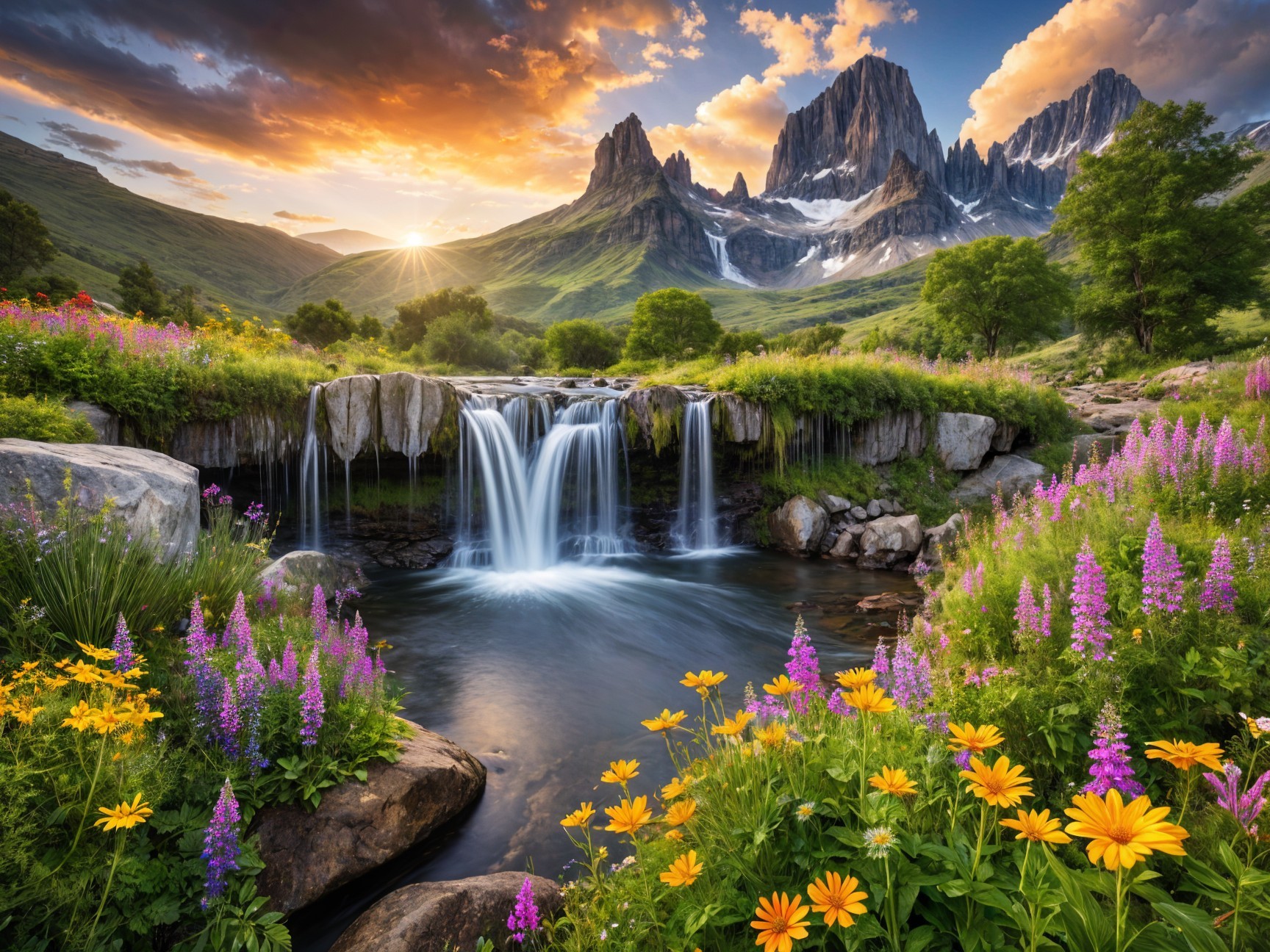 Serene Waterfall in a Vibrant Mountain Landscape