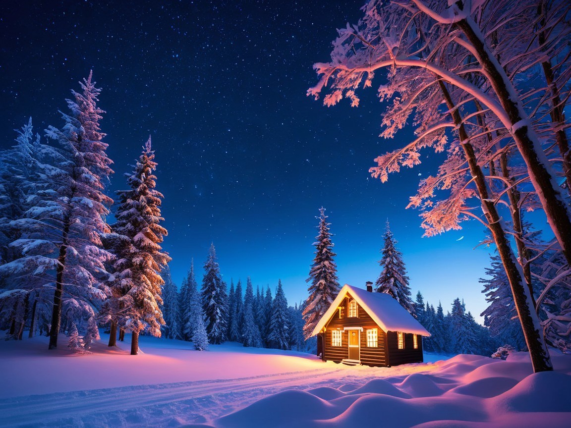 Cozy Winter Cabin in Snowy Pine Tree Landscape