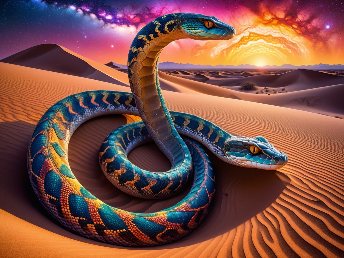 Colorful Jewel-Toned Snakes in a Desert Sunset