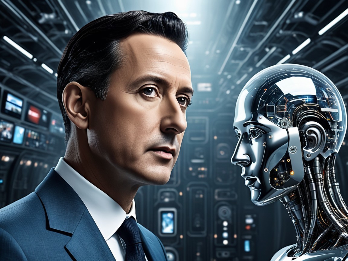 Human Figure and Futuristic Robot in High-Tech Setting