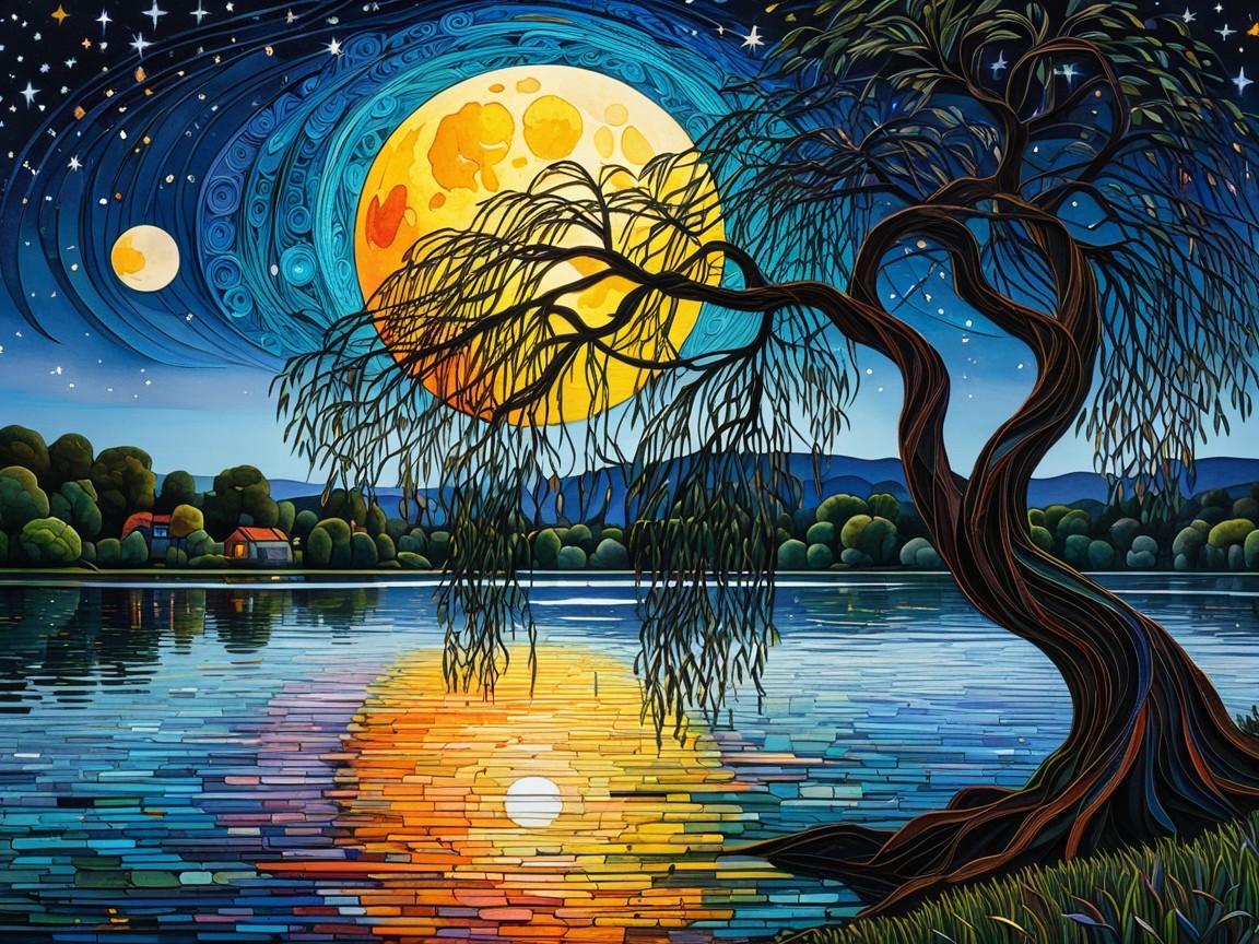 Vibrant Landscape with Serene Lake and Night Sky