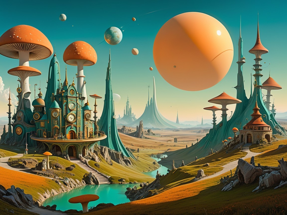 Alien Landscape with Giant Orange and White Mushrooms