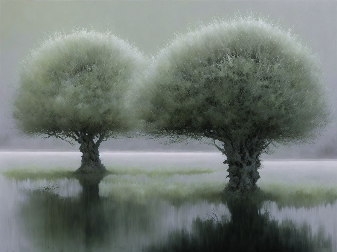 Serene Landscape with Stylized Trees and Calm Waters