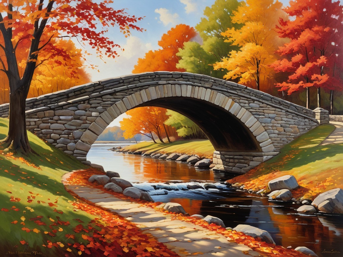 Stone Bridge Over River Surrounded by Autumn Foliage