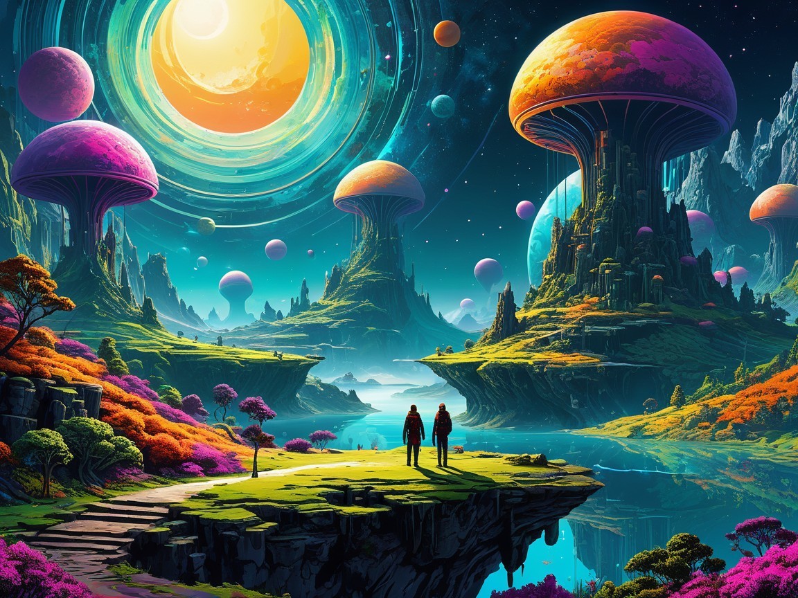 Vibrant Alien Landscape with Colorful Mushrooms and Lake