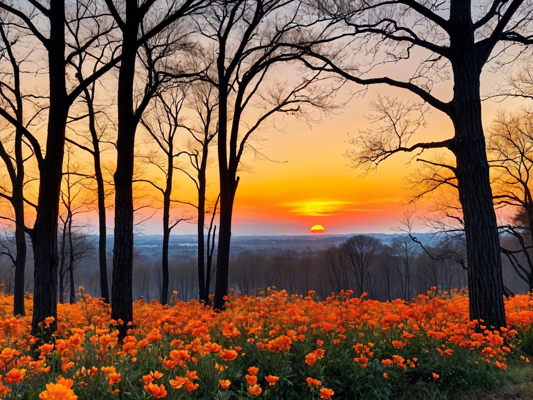 Sunset Over Field of Orange Flowers and Bare Trees