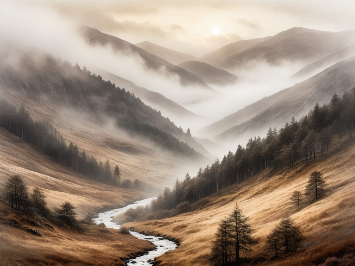 Serene Landscape of Misty Mountains and Gentle Stream