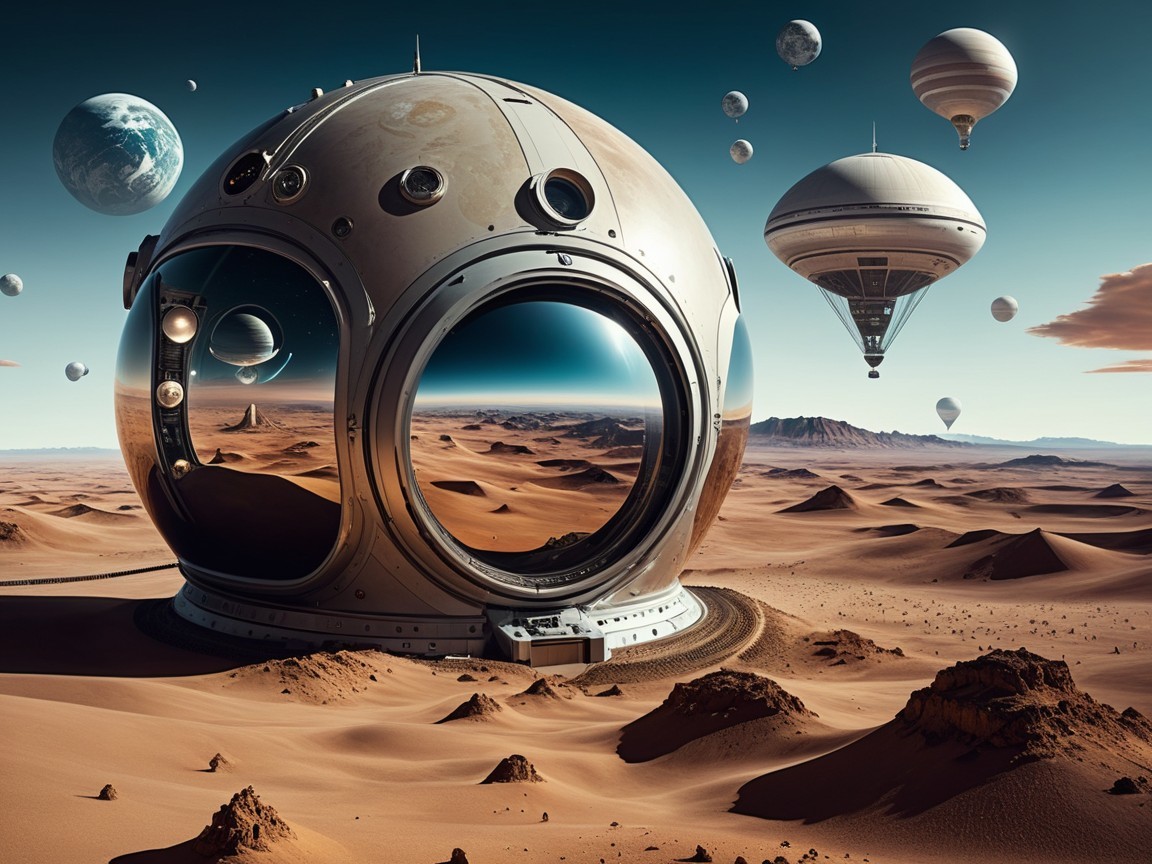 Futuristic desert landscape with reflective dome and orbs