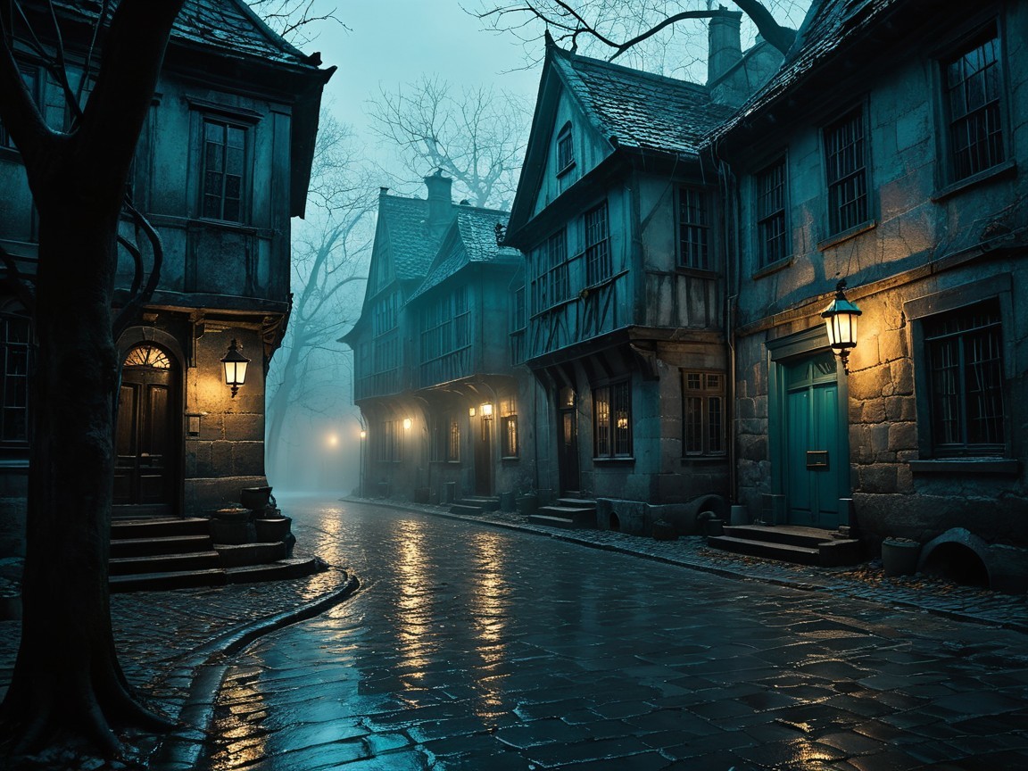 Misty Street with Vintage Houses and Lantern Light