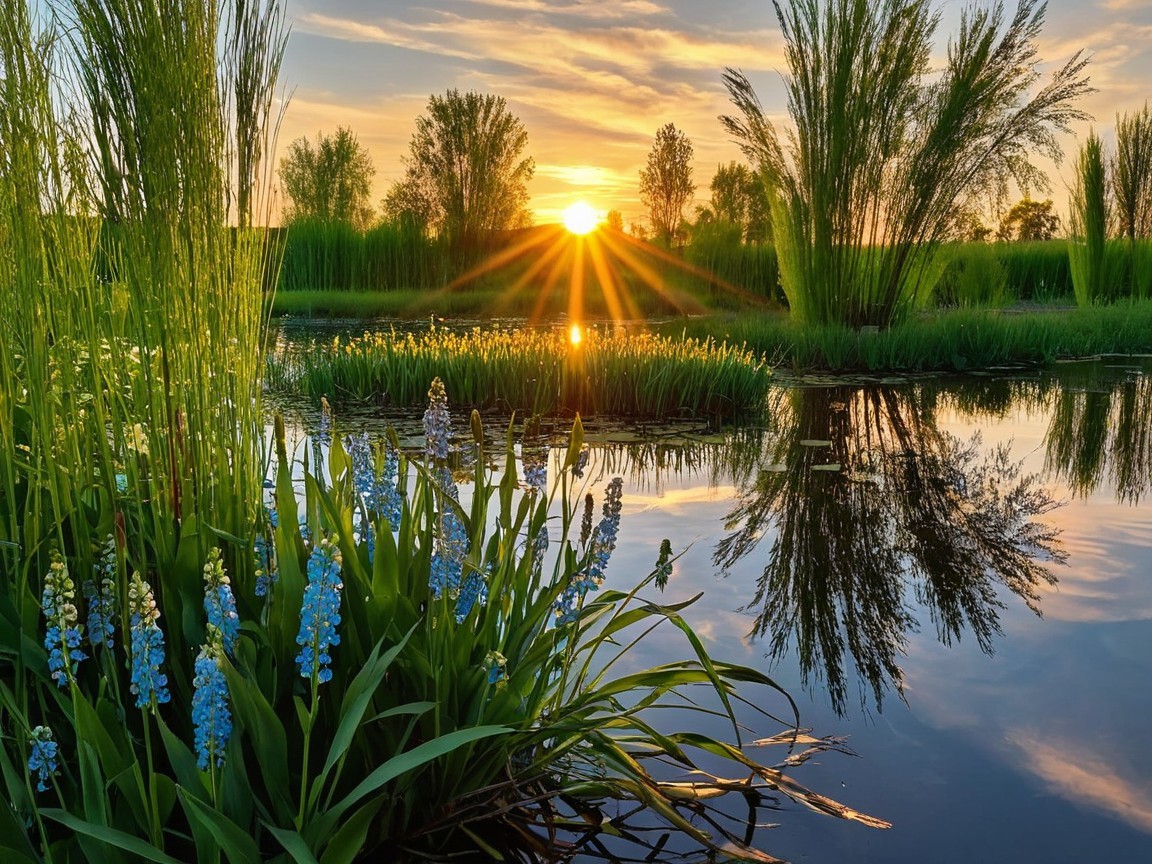Serene Sunset Over Tranquil Waterway with Flowers