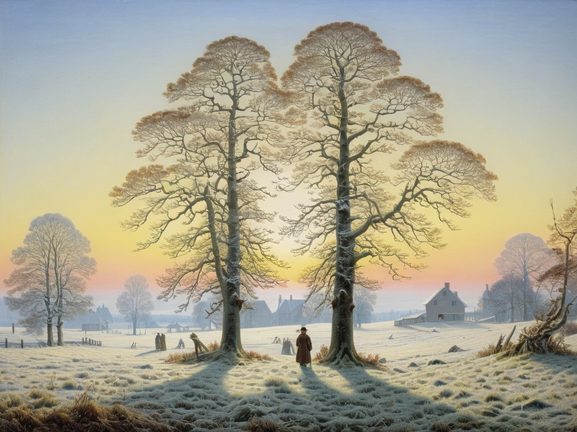 Serene Winter Landscape with Trees and Pastel Sky