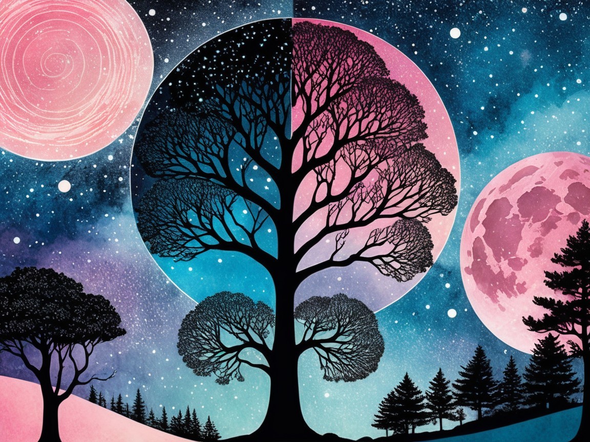 Dreamy Landscape with Silhouetted Tree and Cosmos