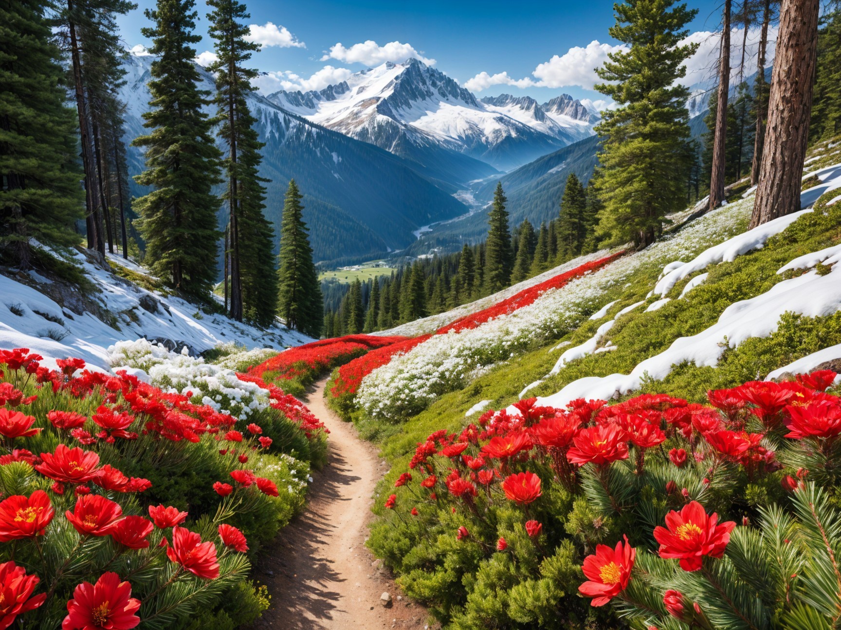 Vibrant Mountain Landscape with Flowers and Peaks
