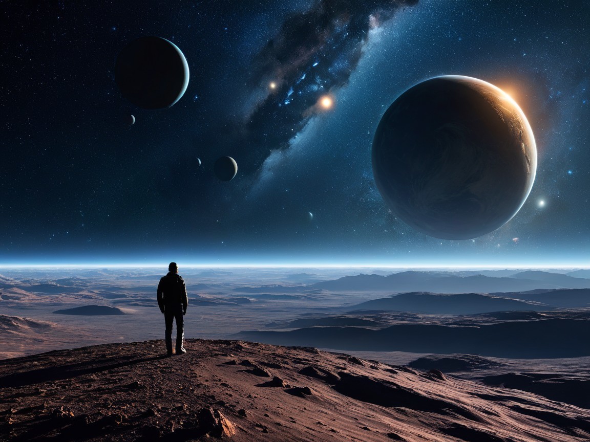 Lone Figure on Rocky Terrain Under Starry Sky