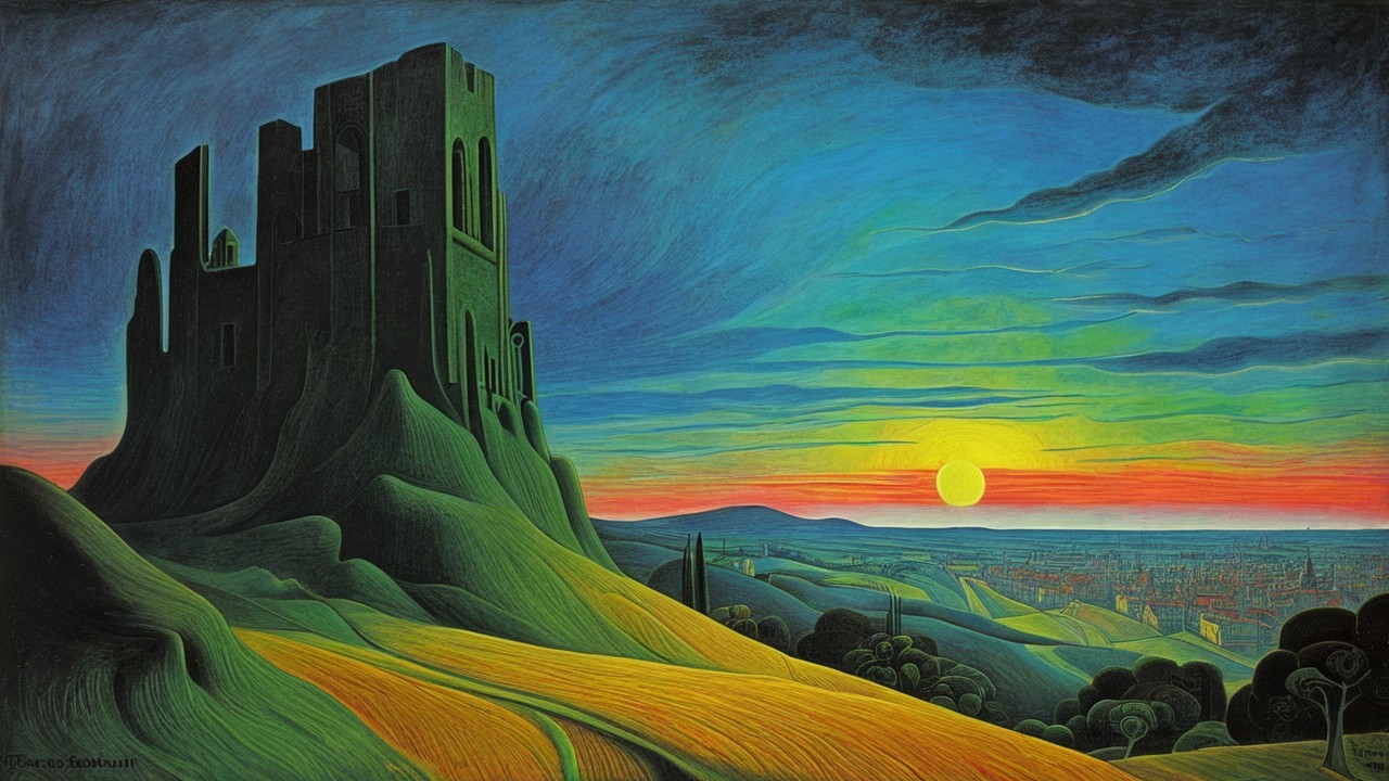 Surreal Landscape with Sunset and Ancient Castle