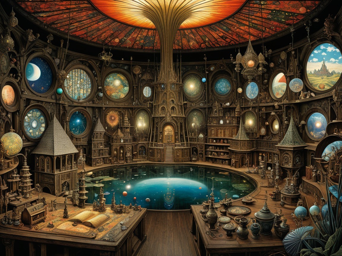 Fantastical Circular Room with Steampunk Elements