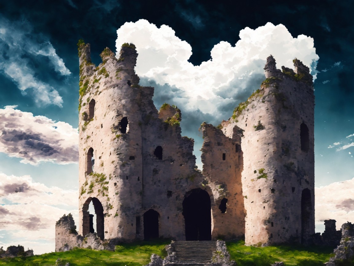 Crumbling Stone Castle Against Dramatic Cloudy Sky