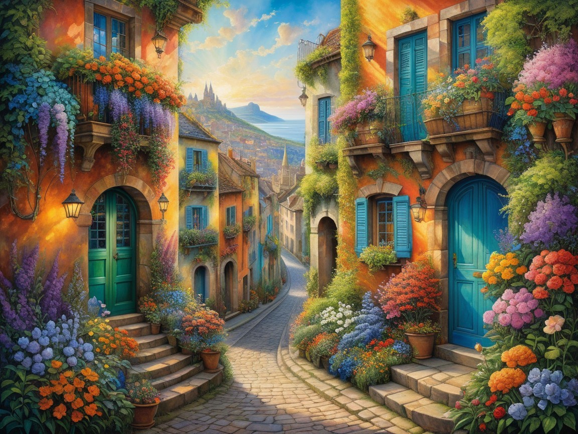 Charming Flower-Adorned Street with Castle Silhouette