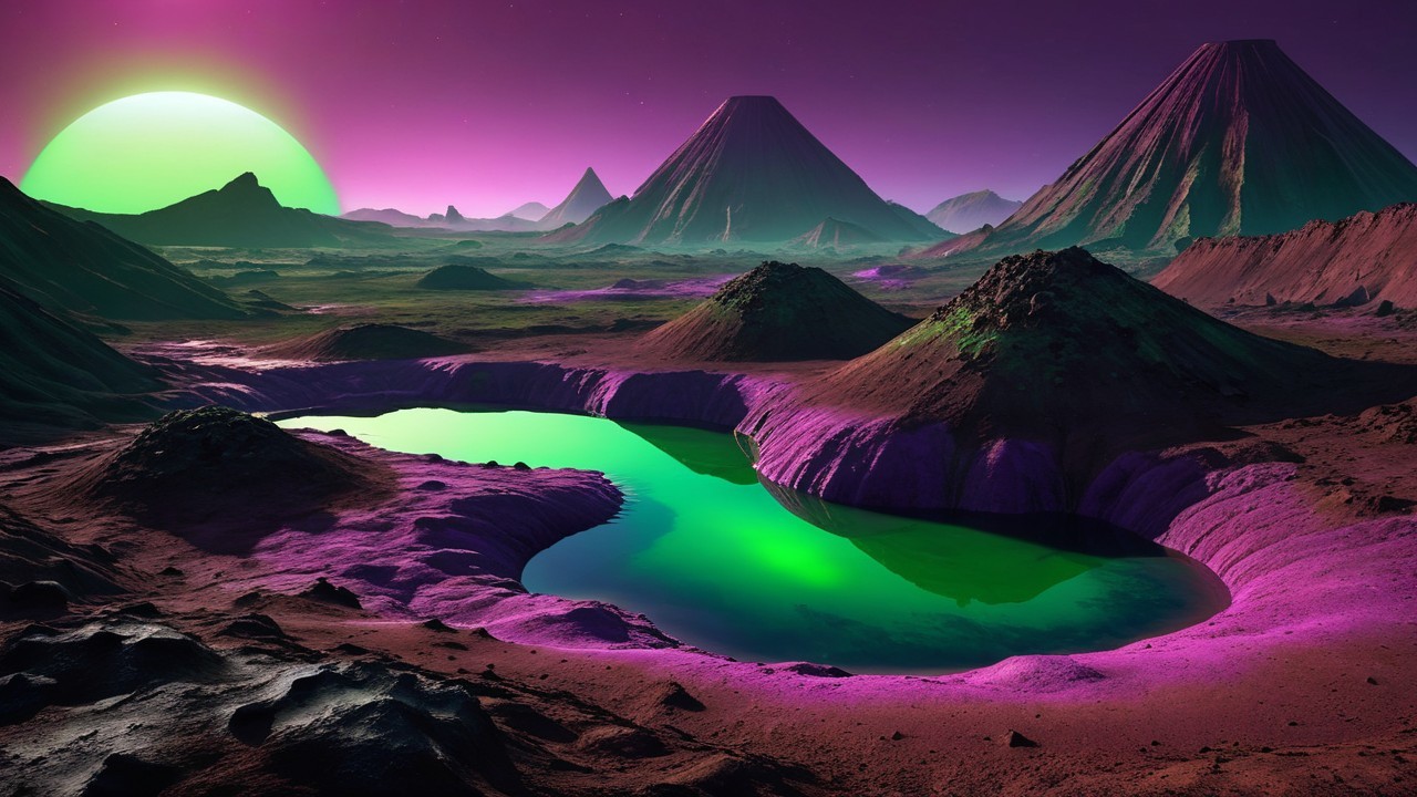 Surreal Alien Landscape with Purple Mountains and Green Sun