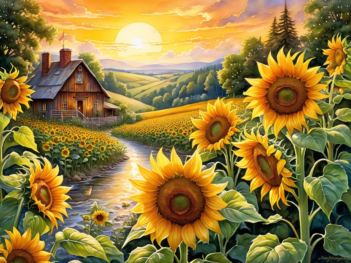 Golden Sunset Over Sunflower Field and Farmhouse