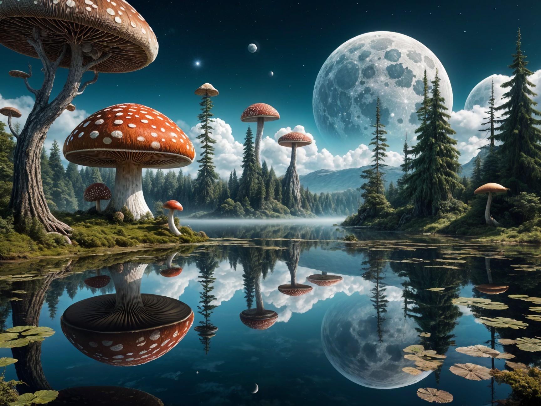 Surreal Landscape with Mushrooms and Two Moons
