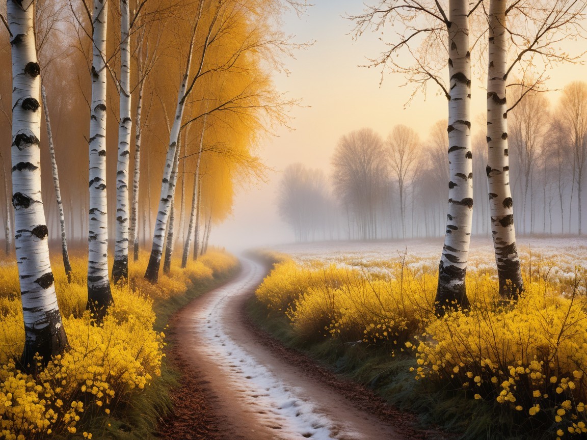 Dirt Road Through Birch Forest with Yellow Leaves and Snow