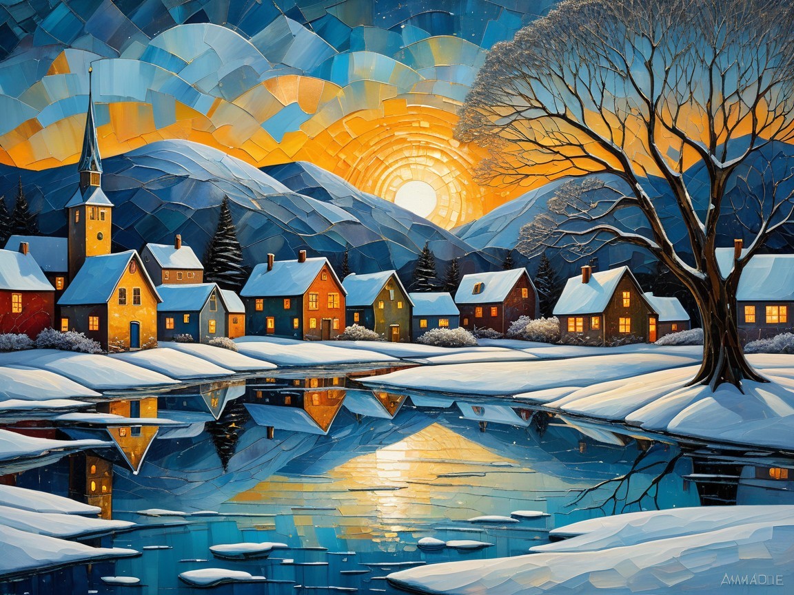 Vibrant Stained Glass Winter Village Scene Description