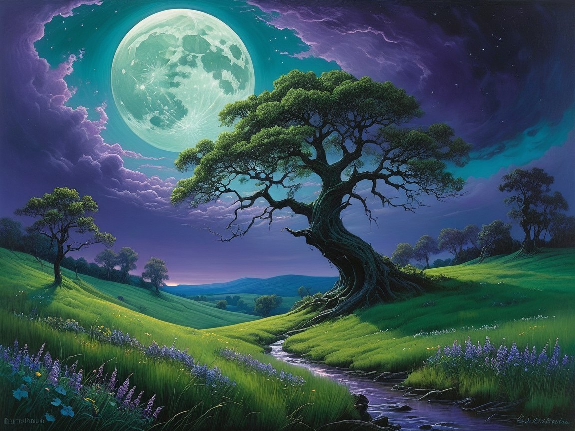Mystical Landscape with Stream and Luminous Moon