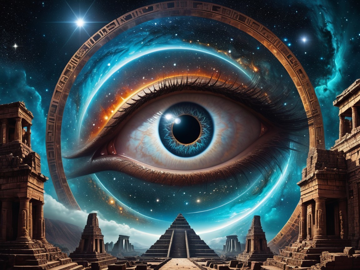 Close-up of a blue eye in a cosmic landscape