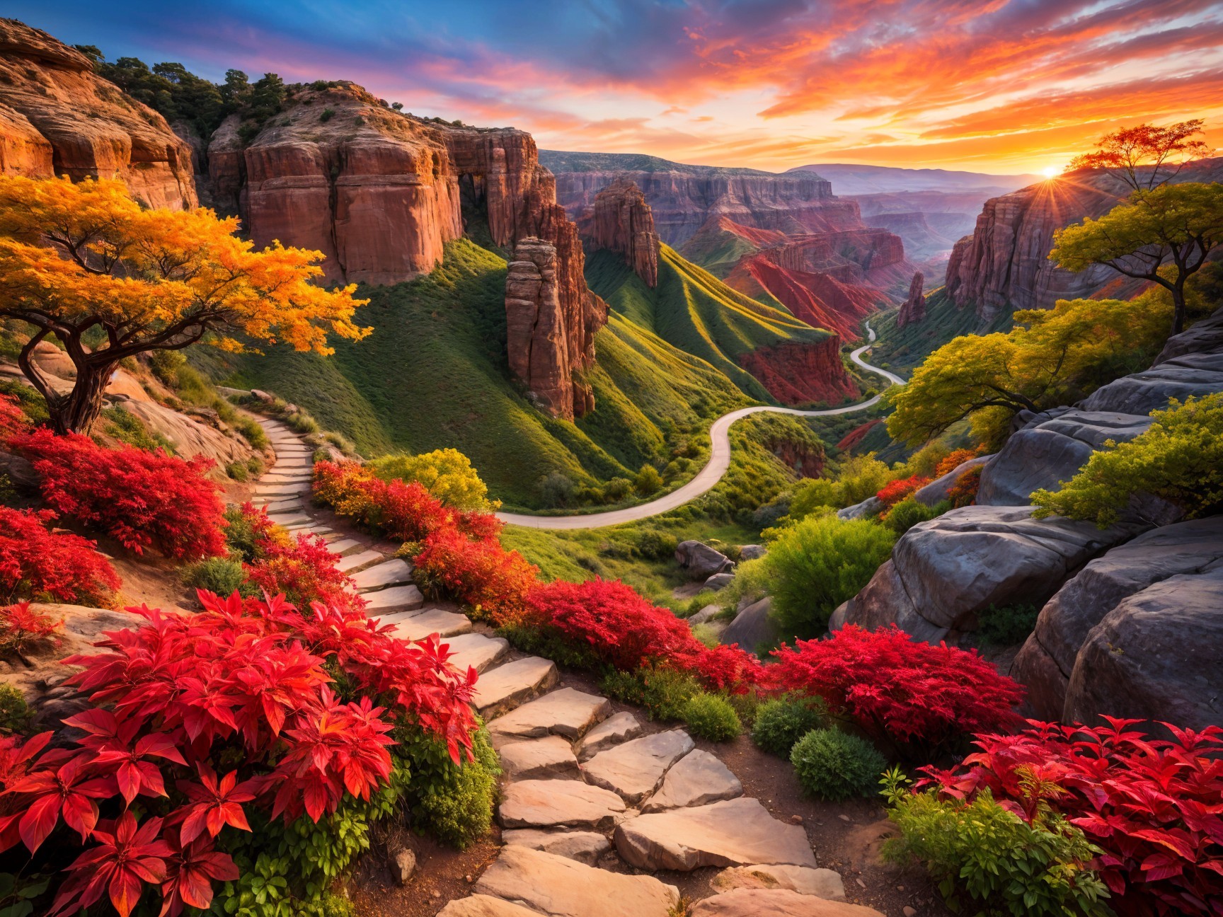 Vibrant Landscape with Winding Pathway and Cliffs