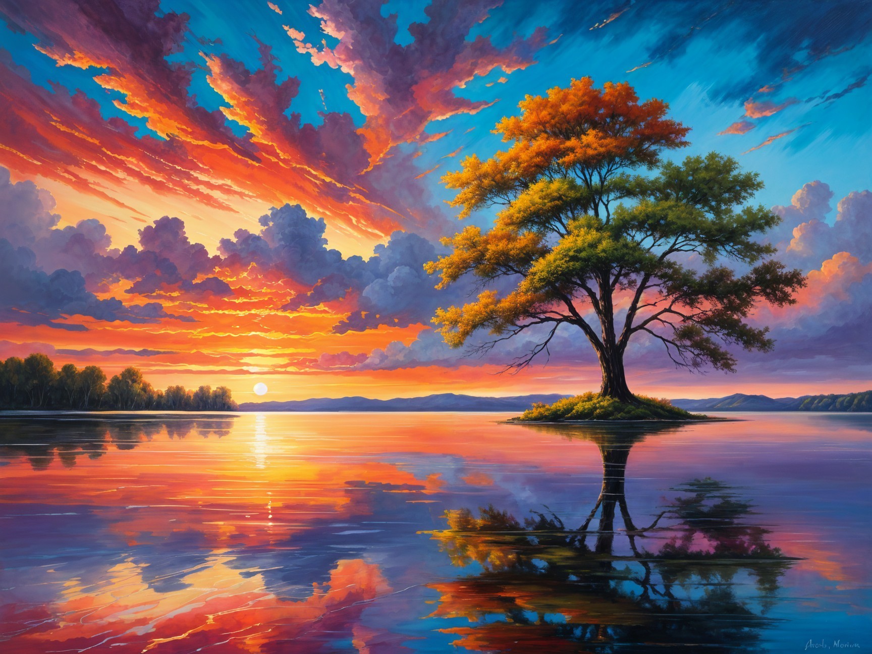 Solitary Tree on Island with Sunset Reflection