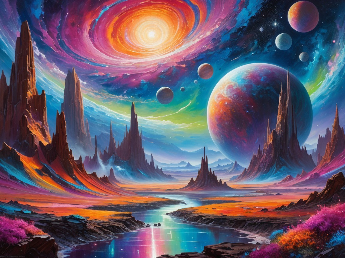 Vibrant Cosmic Landscape with Galaxies and Mountains