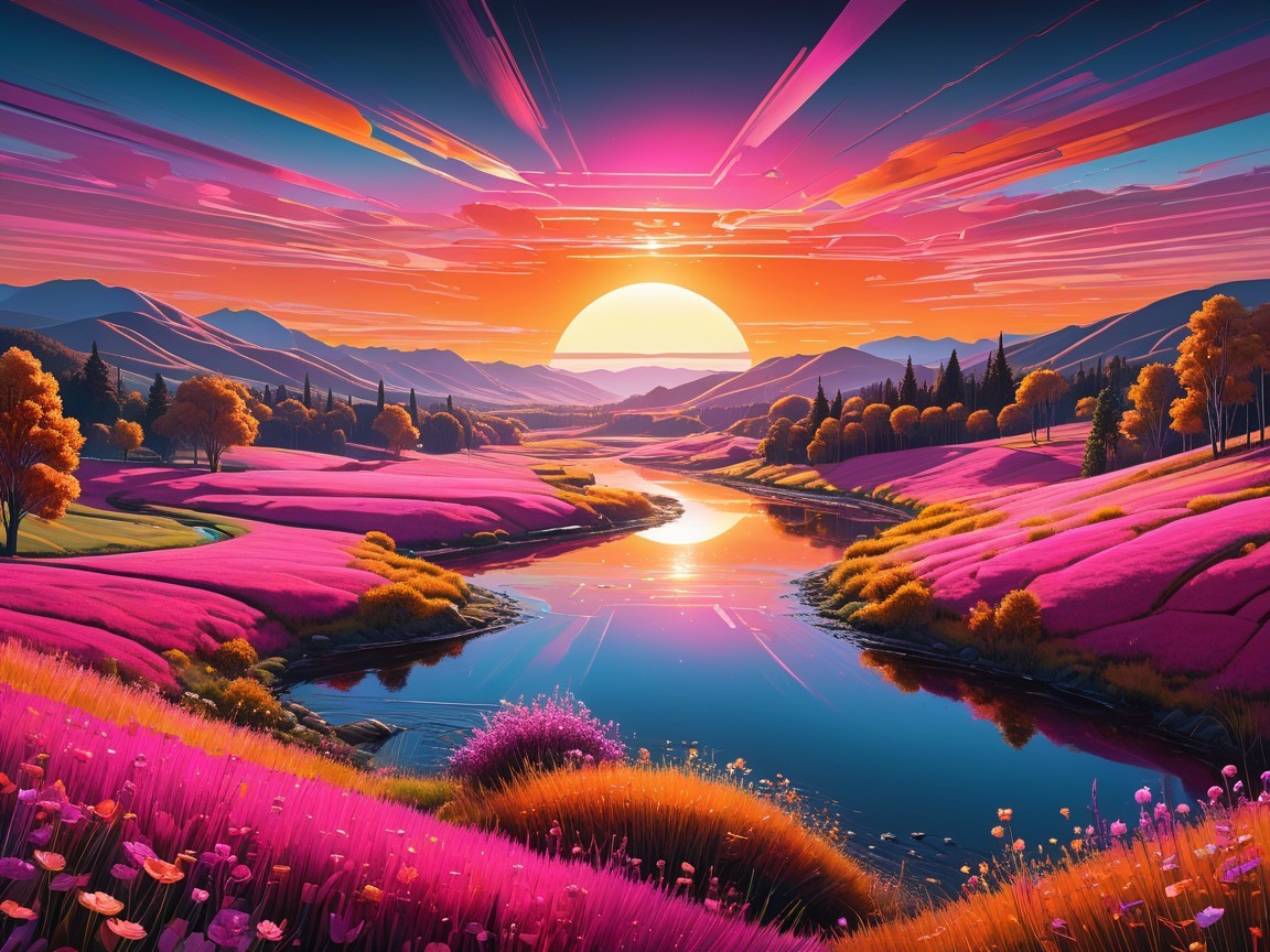 Vibrant Sunset Landscape with Flowers and River