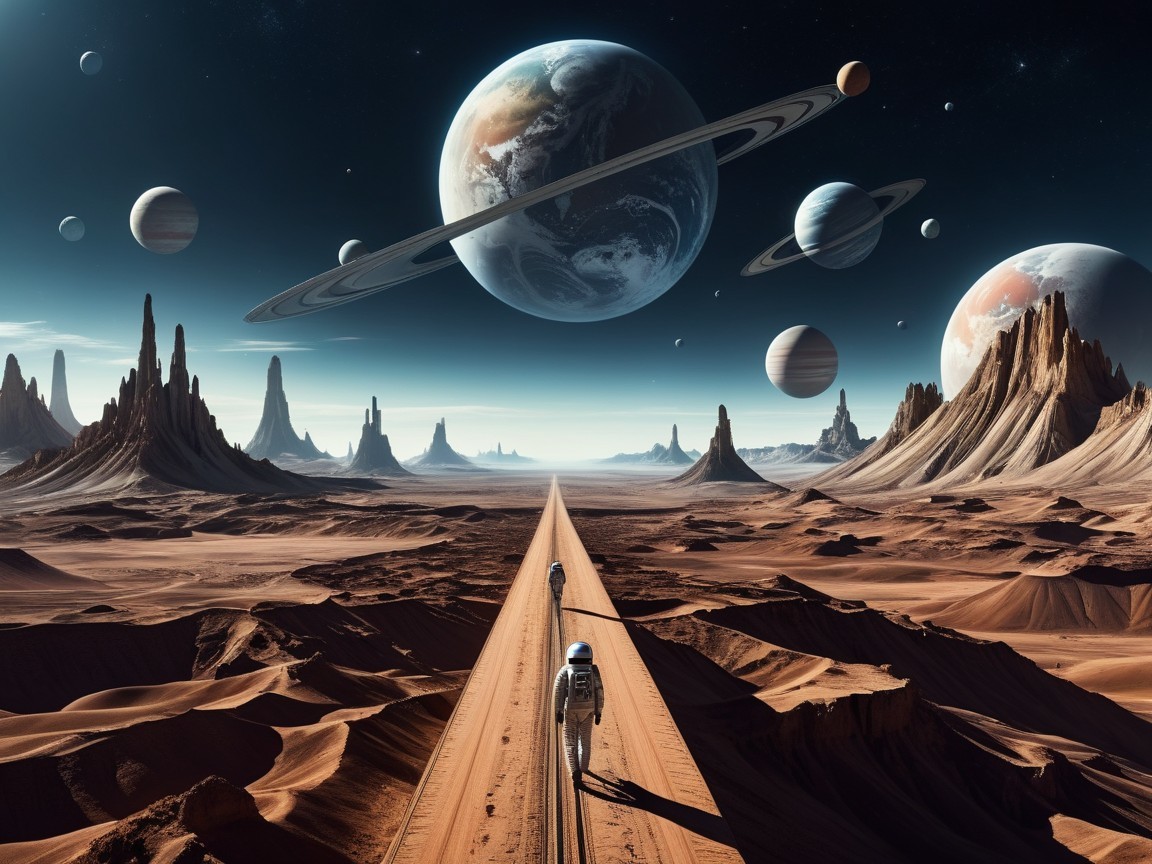Astronauts Explore Alien Landscape with Cosmic View