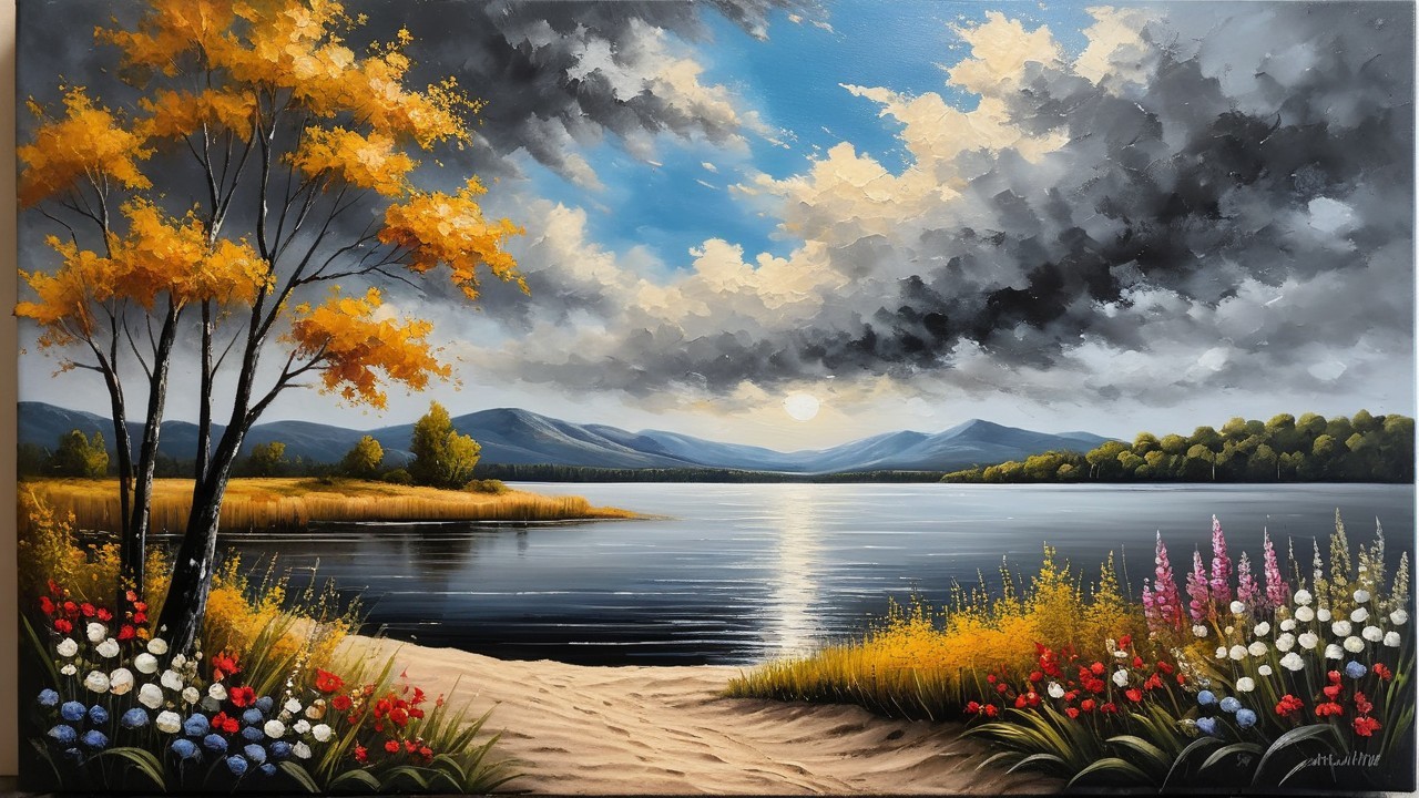 Serene Landscape with Lake and Vibrant Autumn Colors