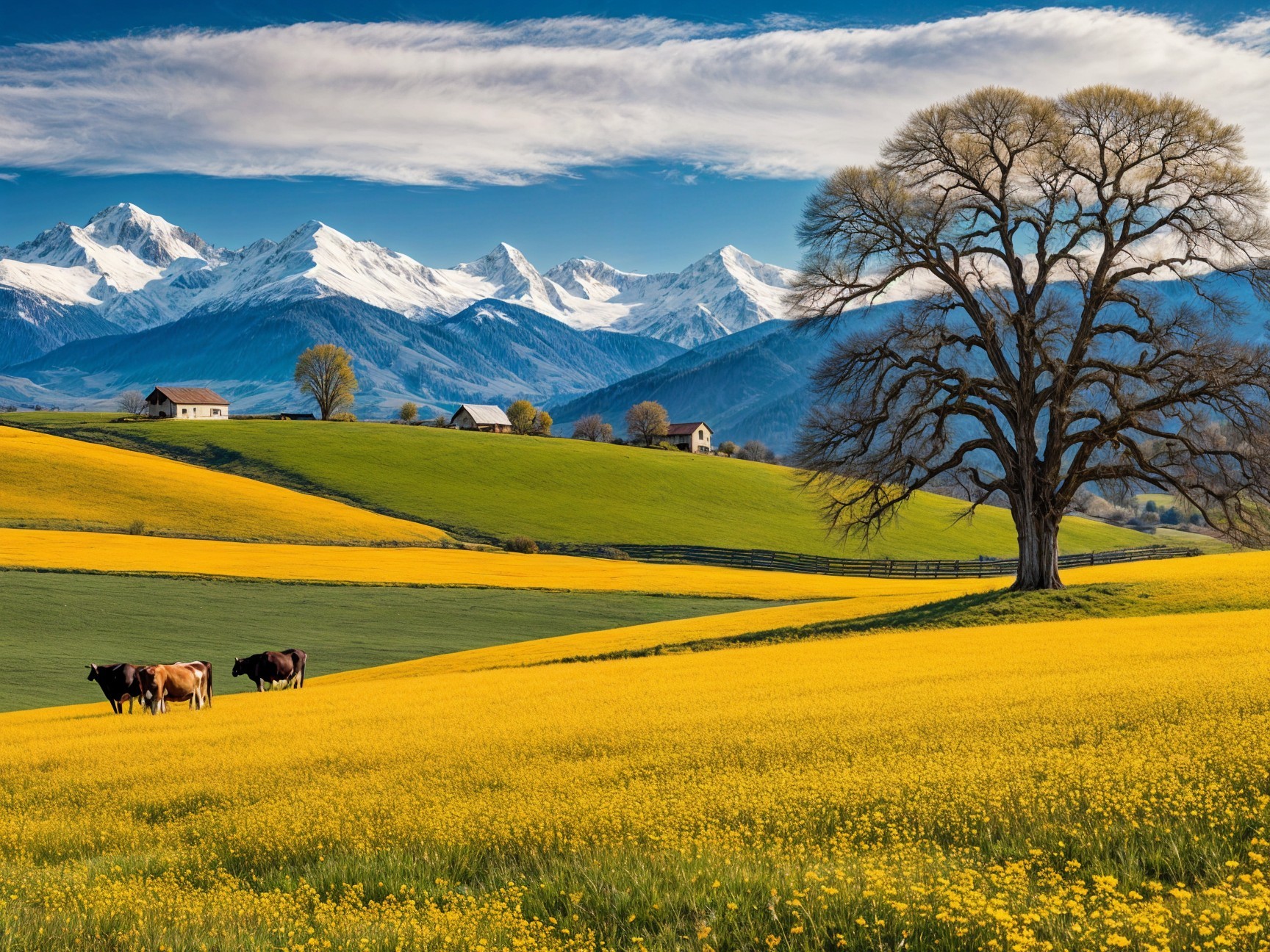 Vibrant Landscape with Grazing Cows and Mountains