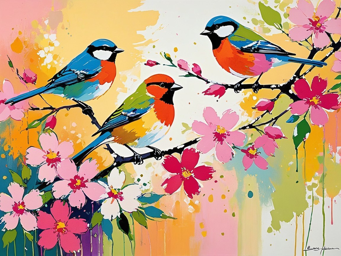 Colorful Birds on a Flowering Branch Artwork