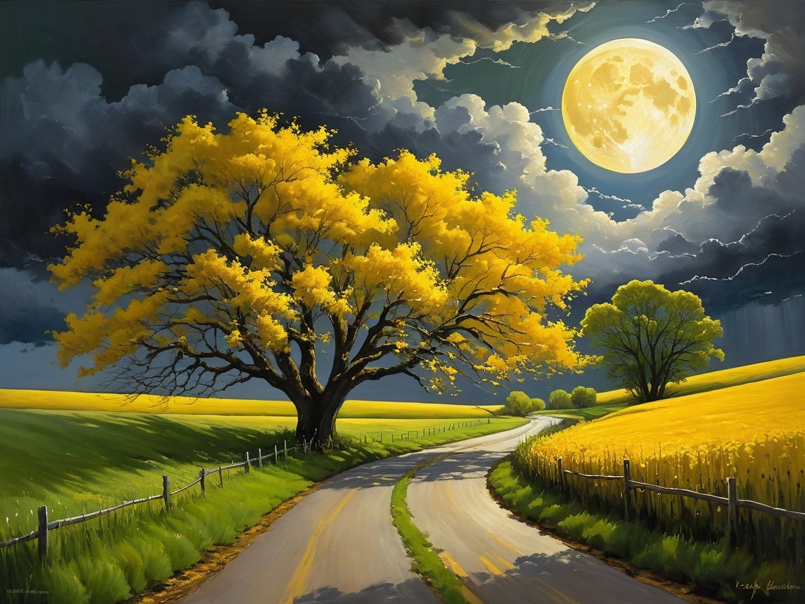 Serene Landscape with Winding Road and Full Moon