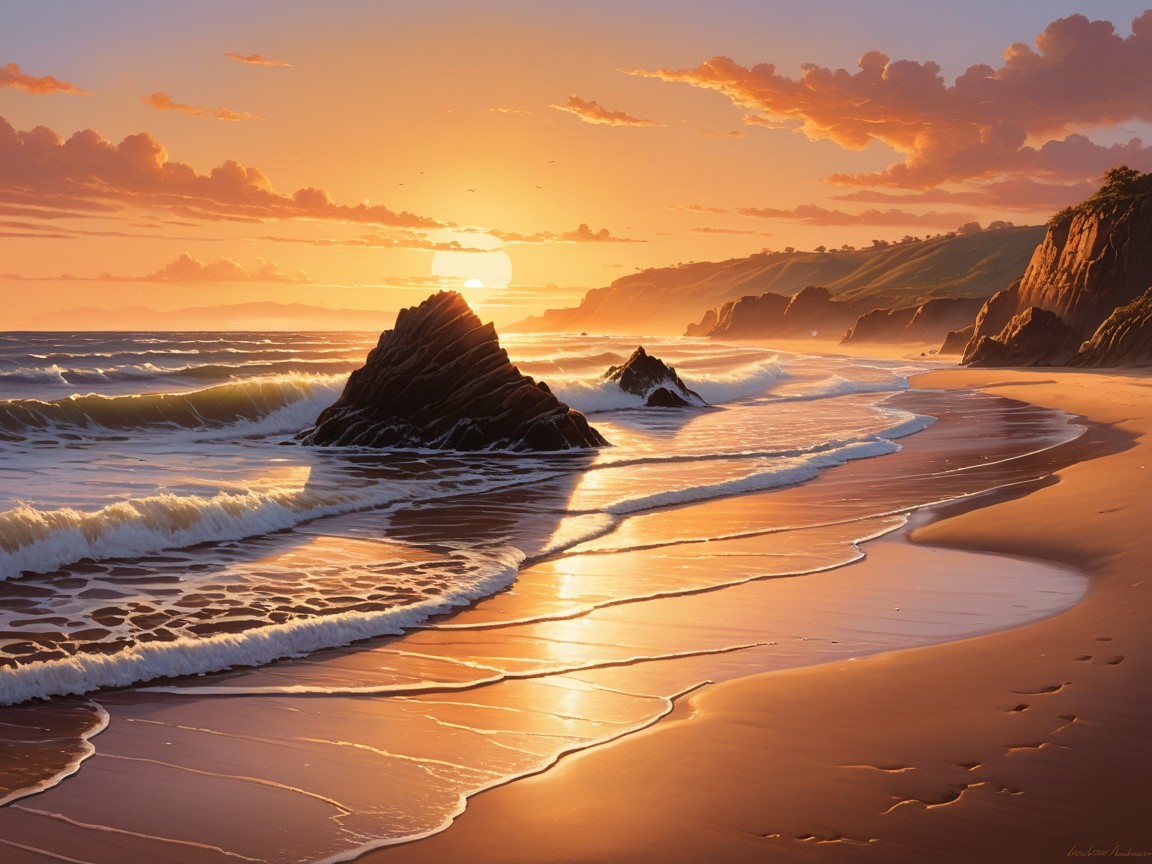 Sunset Beach Scene with Golden Sky and Ocean Waves