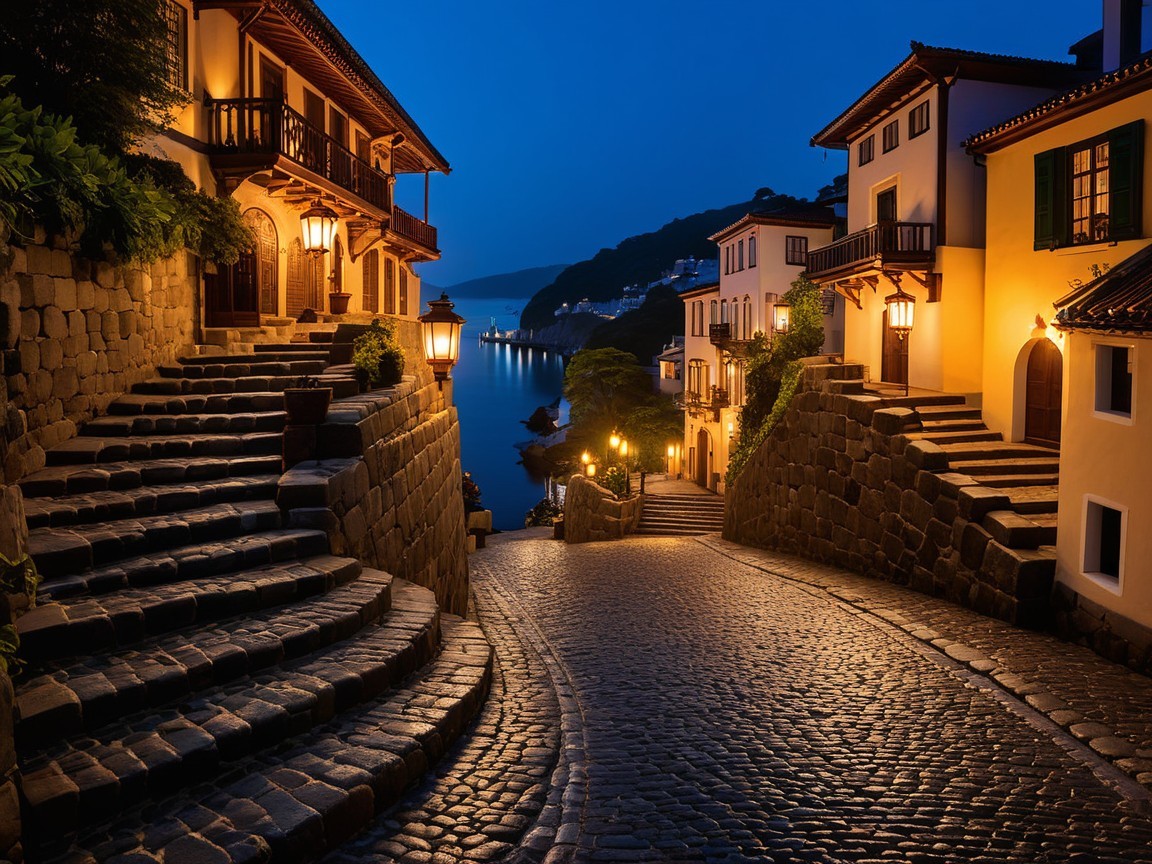 Charming Cobblestone Street at Dusk with Vintage Lamps