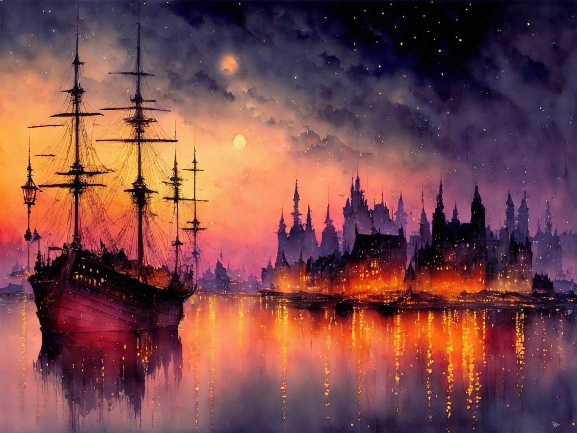Vibrant Sunset Over Fantasy City with Tall Ship