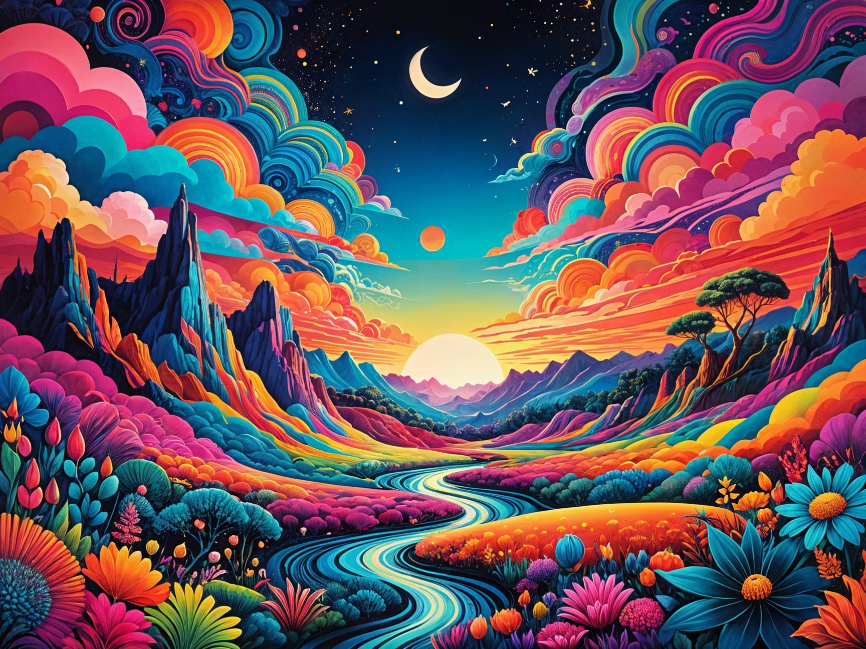 Vibrant Landscape with Colorful Hills and River